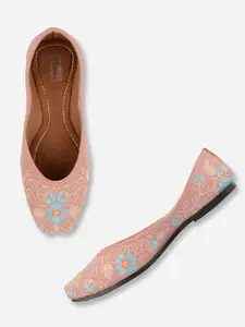 DESI COLOUR Women Peach-Coloured Printed Leather Ethnic Ballerinas Flats