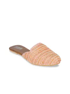 The Desi Dulhan Women Pink Striped Leather Ethnic Mules Flats