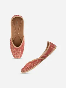 DESI COLOUR Women Maroon Embellished Leather Ethnic Mojaris Flats