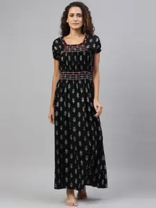 TRUNDZ Woman Black Printed Organic Cotton Maxi Nightdress