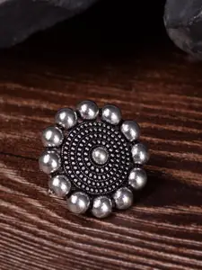 Saraf RS Jewellery Silver Floral Oxidised Circular Adjustable Finger Ring