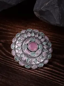 Saraf RS Jewellery Silver-Plated & Pink Studded Floral Adjustable Filigree Finger Ring