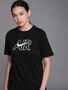 Nike Women Black Typography Printed Drop-Shoulder Sleeves AIR Pure Cotton T-shirt