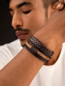 The Roadster Lifestyle Co Men 2 Brown Leather Handcrafted Multistrand Bracelet
