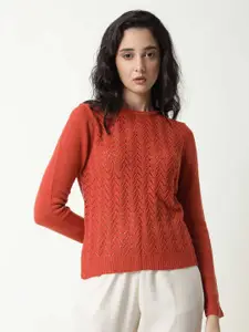 RAREISM Women Orange Open Knit Acrylic Pullover