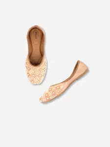 DESI COLOUR Women Peach-Coloured Embellished Leather Ethnic Ballerinas Flats