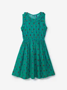 YK Girls Green Printed Cotton Fit & Flare Dress