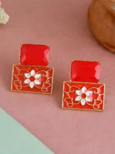 Silvermerc Designs Red & Gold-Plated Square Chalcedony Meenakari Studs Earrings