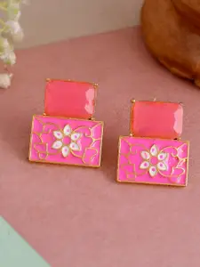 Silvermerc Designs Pink & Gold-Plated Square Chalcedony Meenakari Studs Earrings