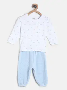MINI KLUB Girls White And Blue Pure Cotton Printed Top with Trousers