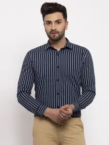 JAINISH Men Navy Blue Comfort Striped Cotton Formal Shirt