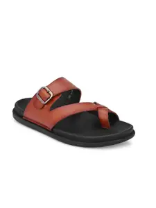 Hitz Men Tan & Black Leather Comfort Slip On Sandals