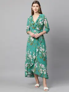 FASHOR Women Green Floral Georgette Maxi Dress