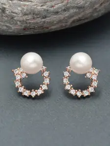AMI Rose Gold & White Pearl & Cubic Zirconia Contemporary Studs Earrings
