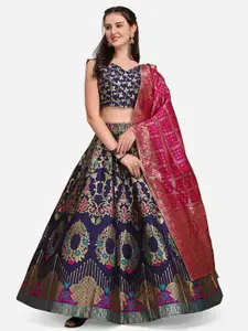 PURVAJA Navy Blue & Pink Ready to Wear Jacquard Lehenga & Unstitched Blouse With Dupatta