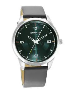 Sonata Men Blue Brass Dial & Grey Leather Straps Analogue Watch 7146SL03