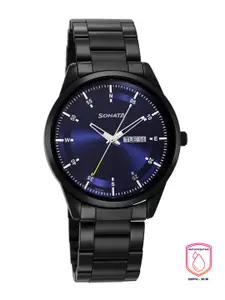 Sonata Men Blue Brass Dial & Black Stainless Steel Straps Analogue Watch 7146NM01