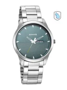 Sonata Men Blue Brass Dial & Silver Toned Stainless Steel Bracelet Style Straps Analogue Watch 7146SM02