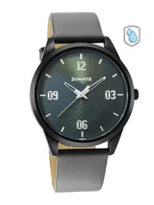 Sonata Men Green Brass Dial & Grey Leather Straps Analogue Watch 7146NL03