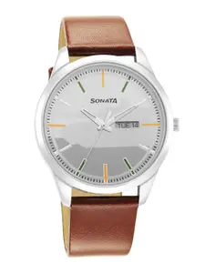 Sonata Men Silver-Toned Brass Printed Dial & Brown Leather Straps Analogue Watch 7146SL06