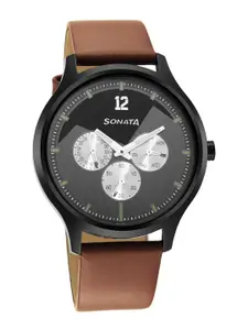Sonata Men Grey Brass Embellished Dial & Brown Leather Wrap Around Straps Analogue Watch 7140NL02