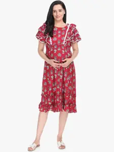 MeeMee Red & Grey Floral Maternity Dress with Feeding Zip