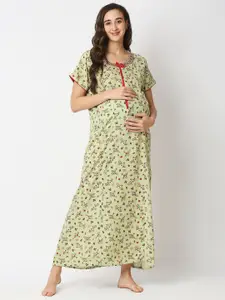 MeeMee Green Floral Maternity Maxi Dress with Feeding Zip