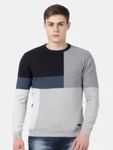 t-base Men Grey & Black Colourblocked Round Neck Pullover Sweater