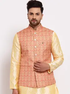 MOHANLAL SONS Men White & Orange Art Silk Printed Nehru Jacket