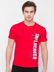 Globus Men Red Typography Printed Henley Neck Applique Slim Fit T-shirt