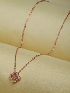 Ferosh Rose Gold-Toned & White Stone Studded Floral Pendant With Chain