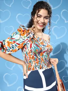 Berrylush White Print One Shoulder Ruffles Bohemian Crepe Top