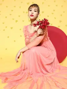 U&F Women Peach-Coloured Solid Tulle Maxi Dress