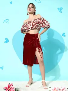 QUIERO Women Maroon Solid Straight Velvet Skirt