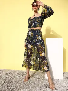 ANVI Be Yourself Women Navy Blue & Mustard Yellow Floral Printed Flared Midi Skirt