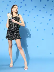 Berrylush Black Floral Crepe Bodycon Mini Dress