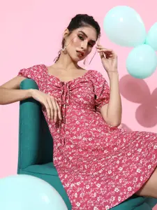 Berrylush Women Pretty Pink Floral Puff Sleeves Dress