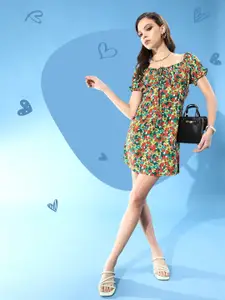 Berrylush Women Red Allover Floral Print Ruched Bust Detail Dress