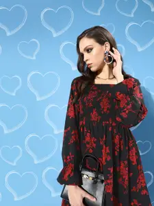 Berrylush Black & Red Floral Crepe A-Line Midi Dress