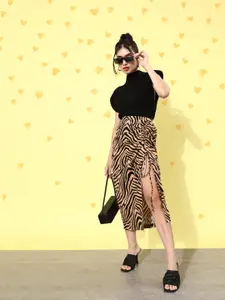 Style Quotient Women Deep Brown Animal Printed Skirt