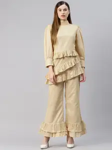Cottinfab Women Beige Self-Desined Ruffled Top with Palazzos