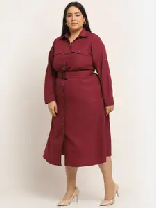 Flambeur Plus Size Women Maroon Crepe Shirt Midi Dress