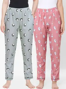 FashionRack Women Pack Of 2 Pink & Grey Printed Cotton Lounge Pants