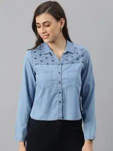 Xpose Women Blue Faded Pure Cotton Crop Denim Casual Shirt with Embroidery