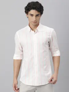 RARE RABBIT Men White & Orange Slim Fit Striped Cotton Casual Shirt