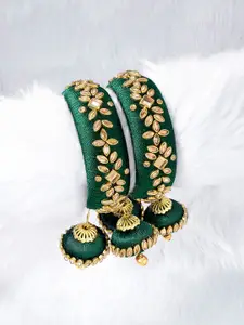 Peora Set of 2 Green Gold-Plated Handcrafted Kundan Studded Bangles with Jhumka Danglers