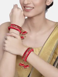 Peora Set of 2 Red Gold-Plated Handcrafted Kundan Studded Bangles with Jhumka Danglers