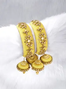 Peora Yellow Set Of 2 Silk Thread Gold-Plated Kundan Studded Bangles with Hanging Jhumkas