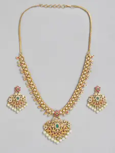 Peora Gold-Toned South Indian Traditional Style Necklace Earring Jewellery Set