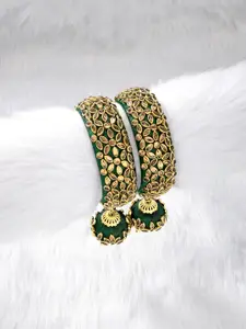 Peora Set of 2 Green Gold-Plated Handcrafted Kundan Studded Bangles with Jhumka Danglers